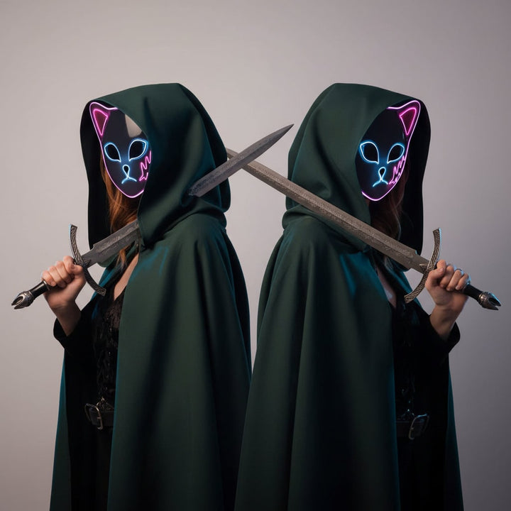 Halloween LED Fox Kitsune Mask with Light-Up Japanese Demon Design for Cosplay Party Costume