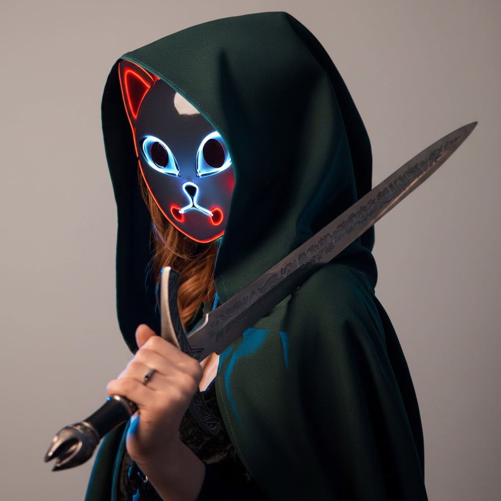 Halloween LED Fox Kitsune Mask with Light-Up Japanese Demon Design for Cosplay Party Costume