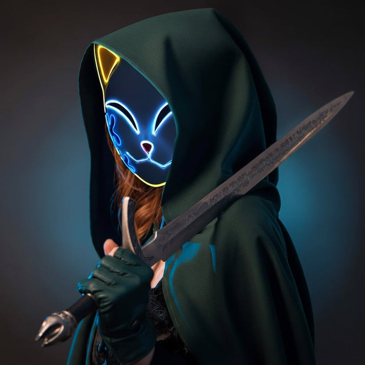 Halloween LED Fox Kitsune Mask with Light-Up Japanese Demon Design for Cosplay Party Costume