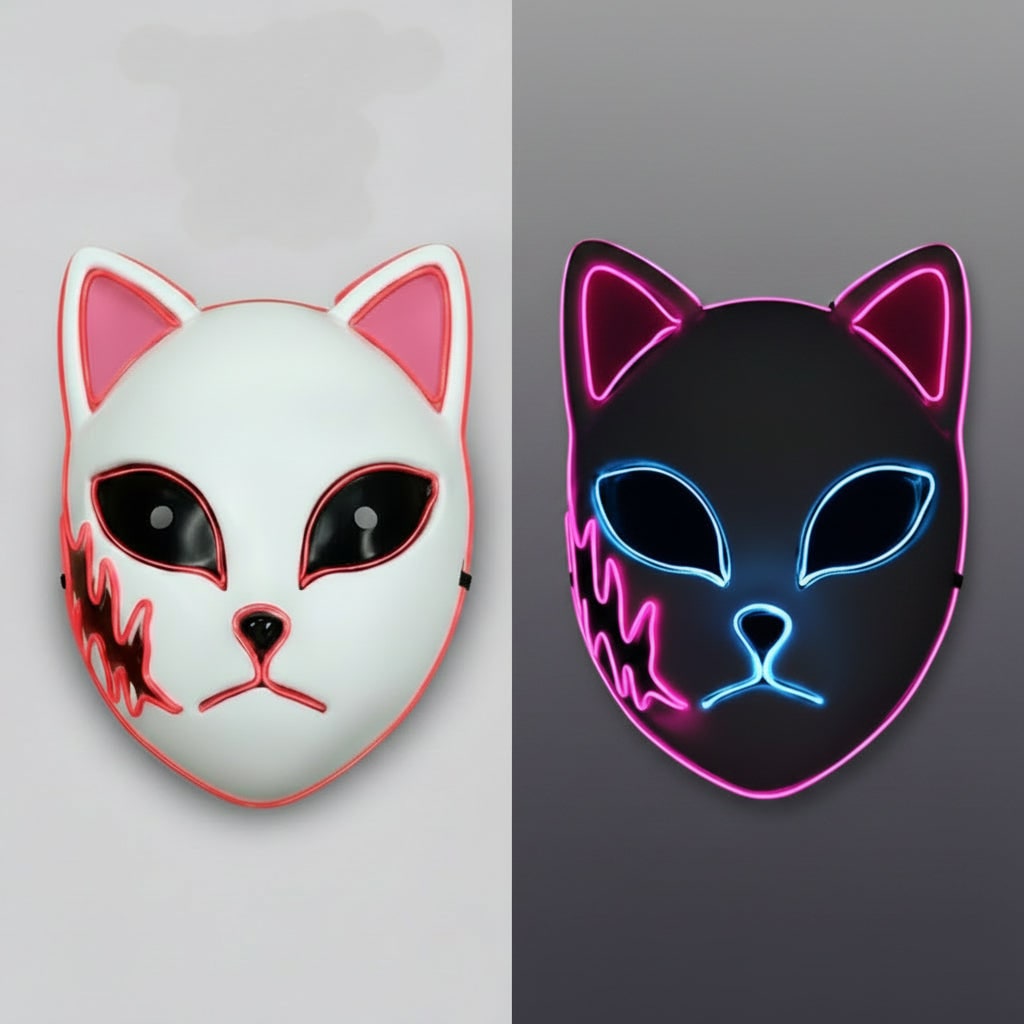 Halloween LED Fox Kitsune Mask with Light-Up Japanese Demon Design for Cosplay Party Costume