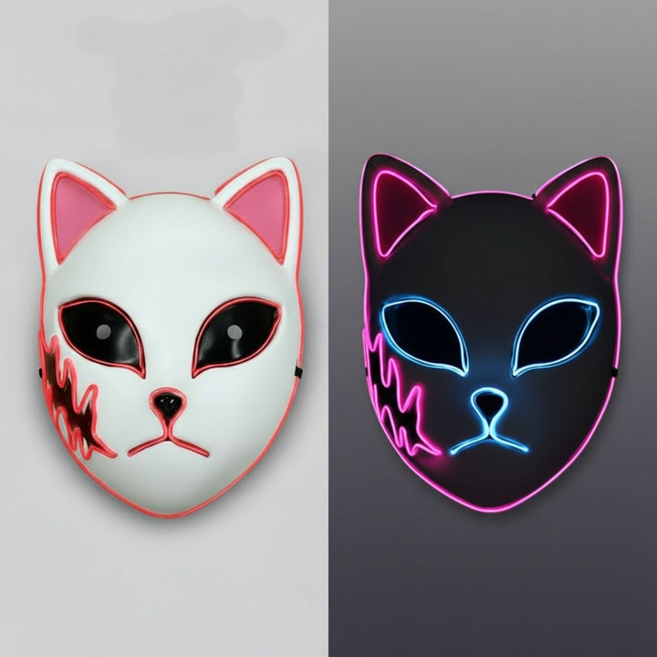 Halloween LED Fox Kitsune Mask with Light-Up Japanese Demon Design for Cosplay Party Costume