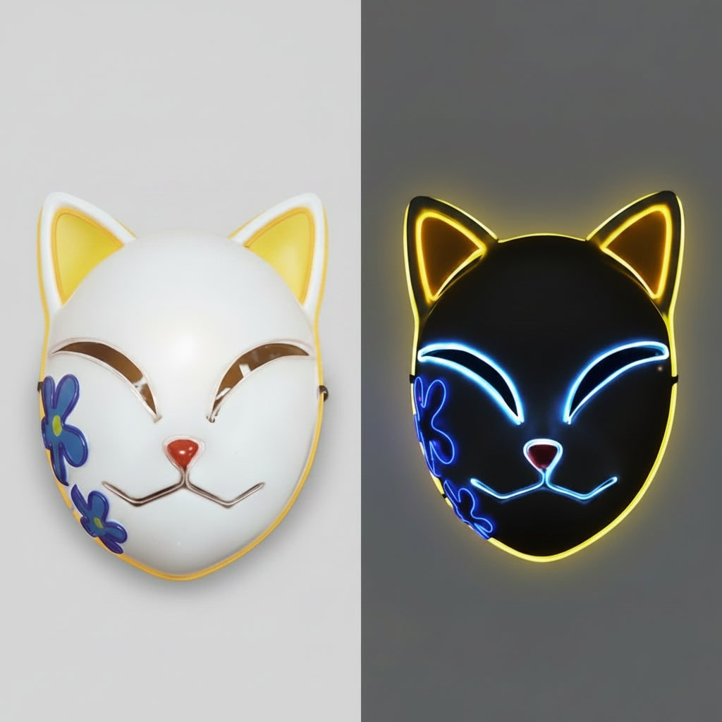 Halloween LED Fox Kitsune Mask with Light-Up Japanese Demon Design for Cosplay Party Costume