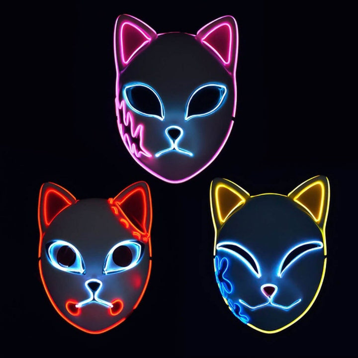 Halloween LED Fox Kitsune Mask with Light-Up Japanese Demon Design for Cosplay Party Costume