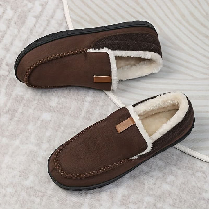 Mens House Slippers Moccasin Slip-On Fleece Rubber Sole Suede Warm
