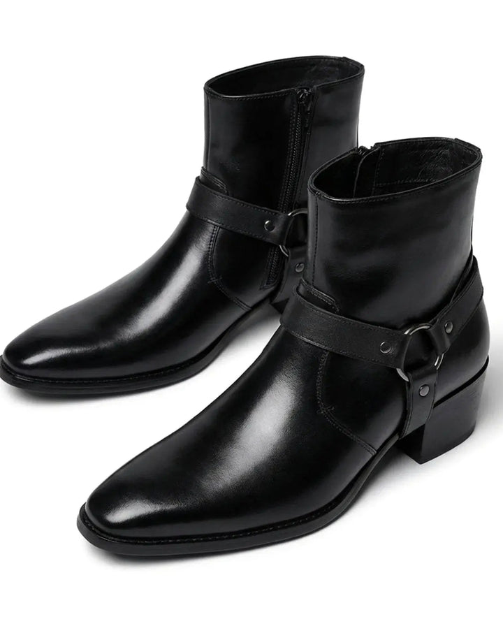 Men's Leather Ankle Boots with Harness Strap and Pointed Toe