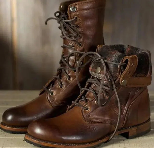 Lace-Up Mid-Calf Boots with Stacked Heel