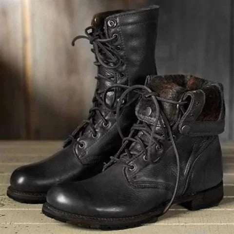 Lace-Up Mid-Calf Boots with Stacked Heel