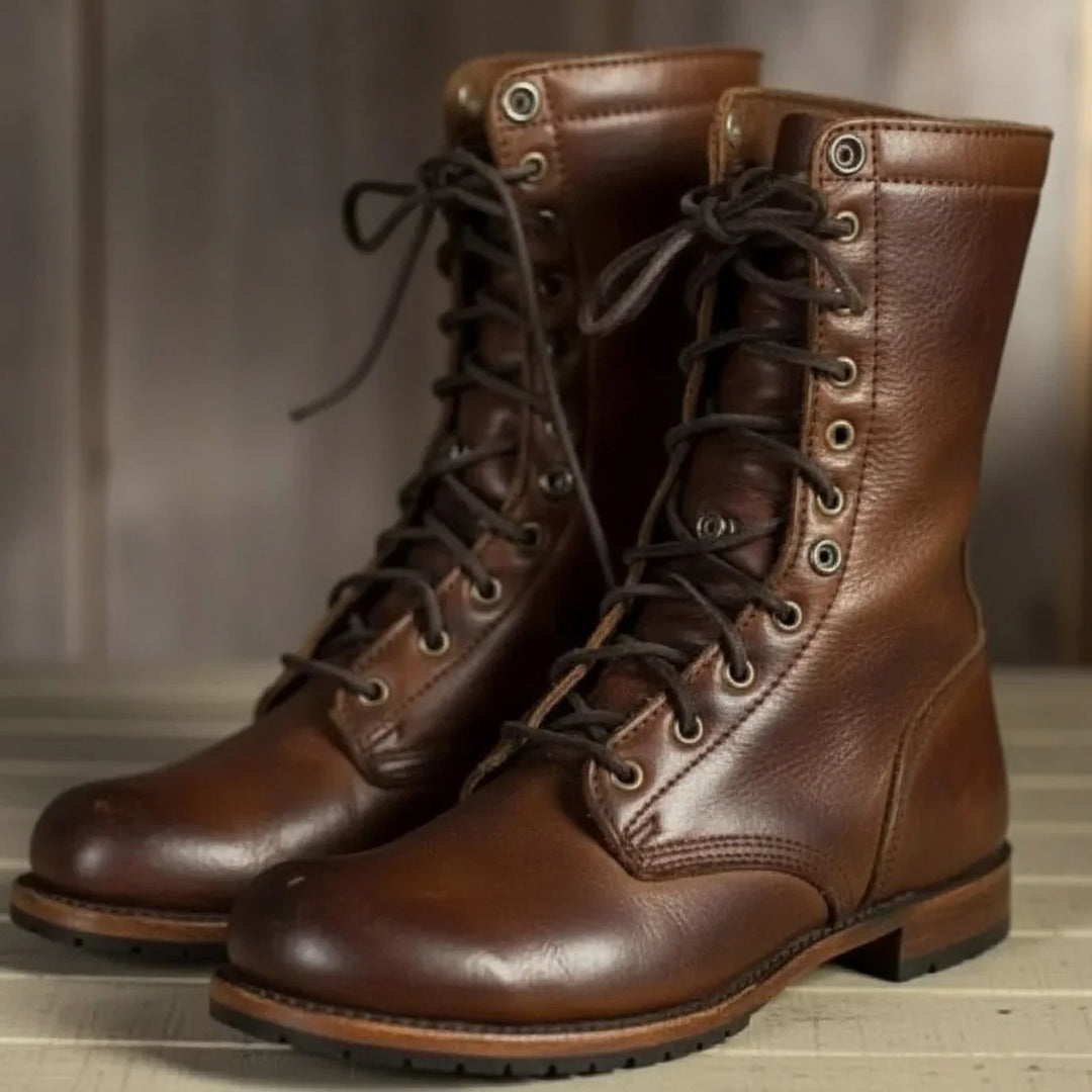 Lace-Up Mid-Calf Boots with Stacked Heel
