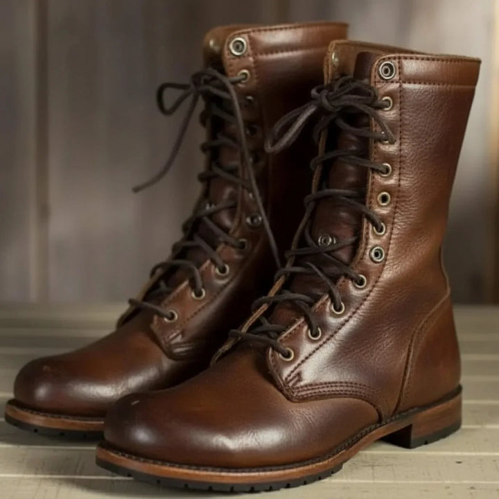 Lace-Up Mid-Calf Boots with Stacked Heel