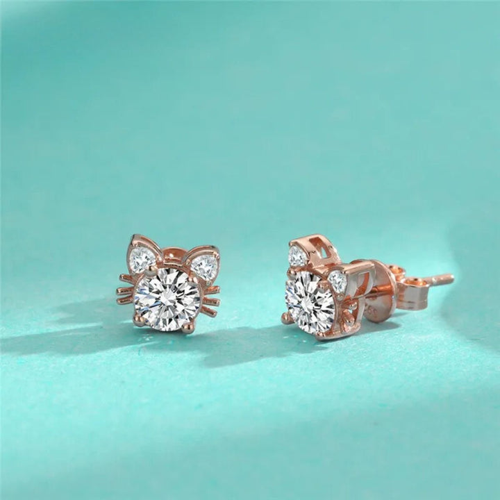 Moissanite Pink Gold Cat Stud Earrings in Sterling Silver