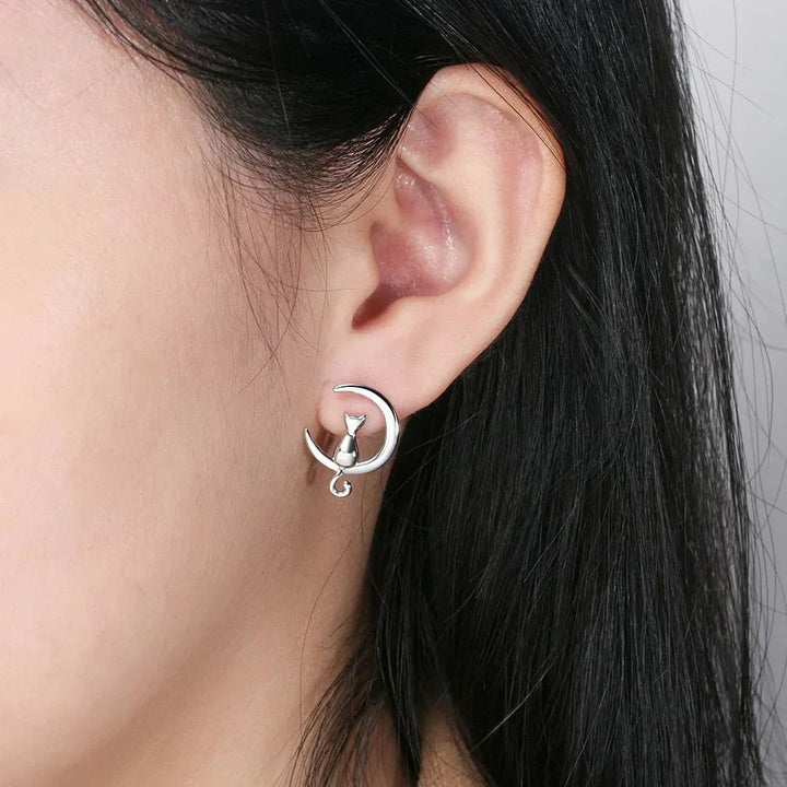 Moon & Cat Sterling Silver Cat Stud Earrings