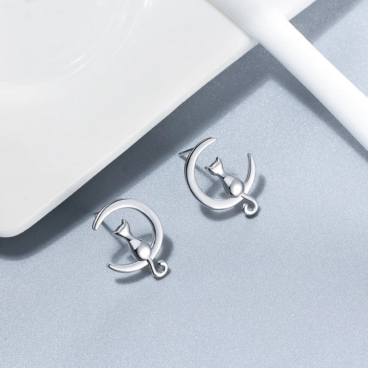 Moon & Cat Sterling Silver Cat Stud Earrings