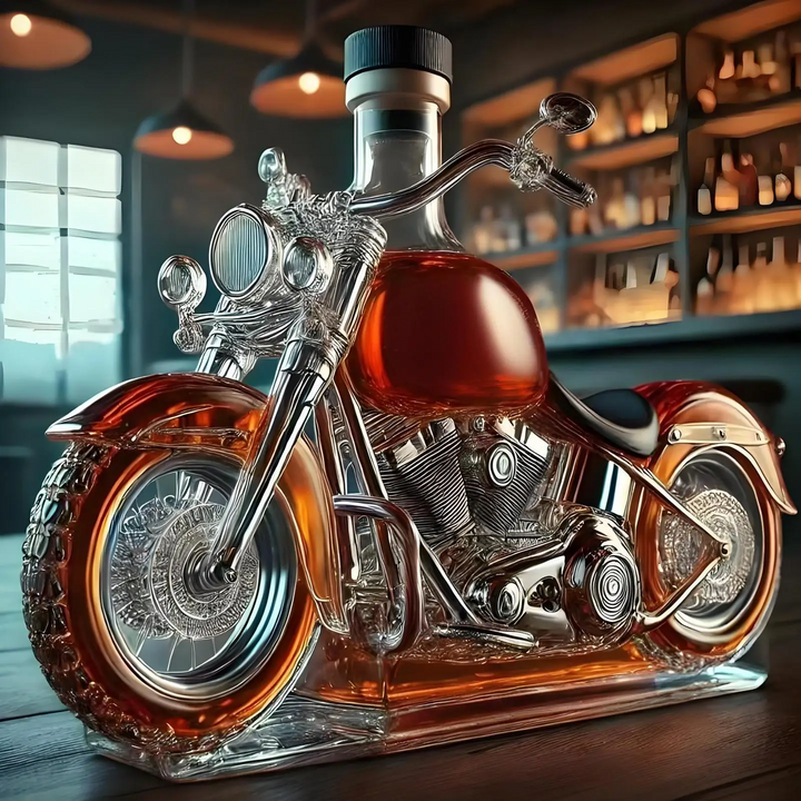 Motorcycle Glass Whiskey Decanter with Black Cap and Molded Engine Details Custom