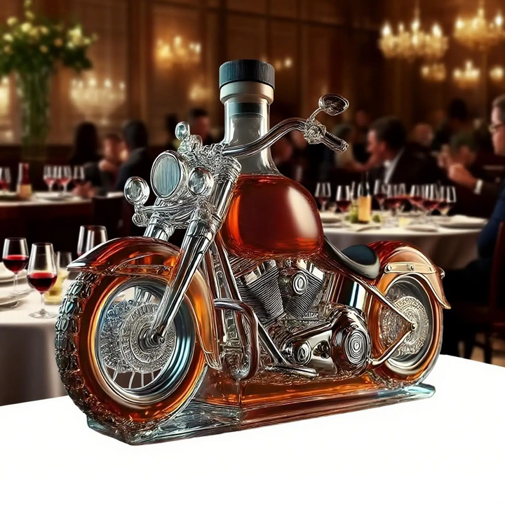 Motorcycle Glass Whiskey Decanter with Black Cap and Molded Engine Details Custom