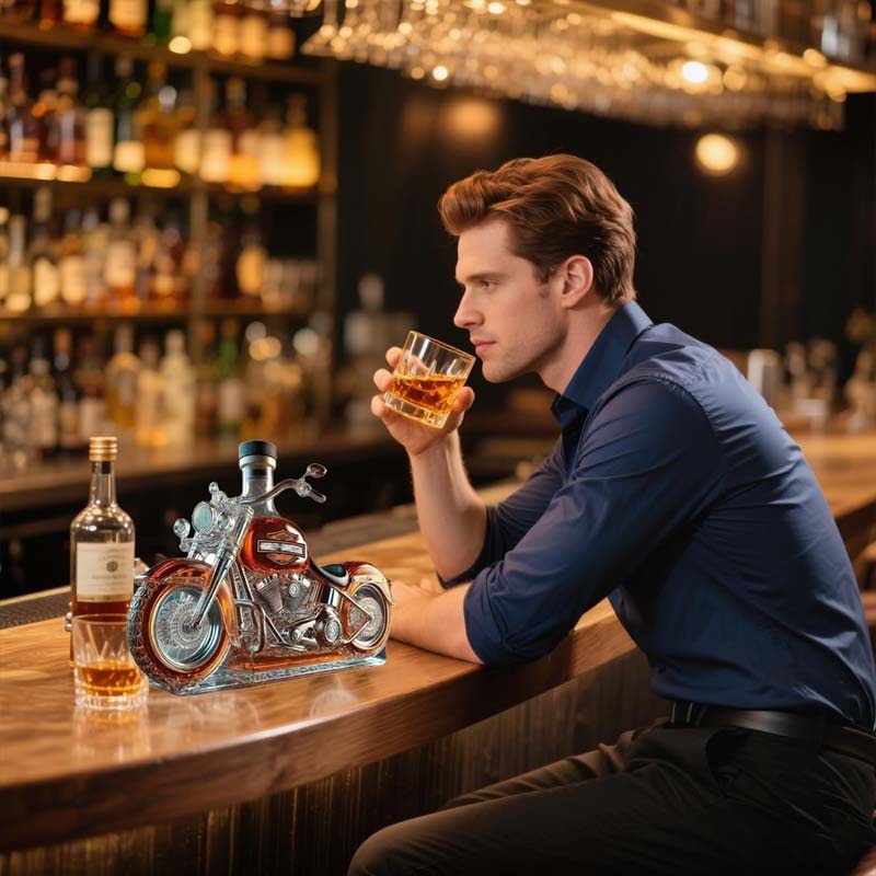 Motorcycle Glass Whiskey Decanter with Black Cap and Molded Engine Details Custom