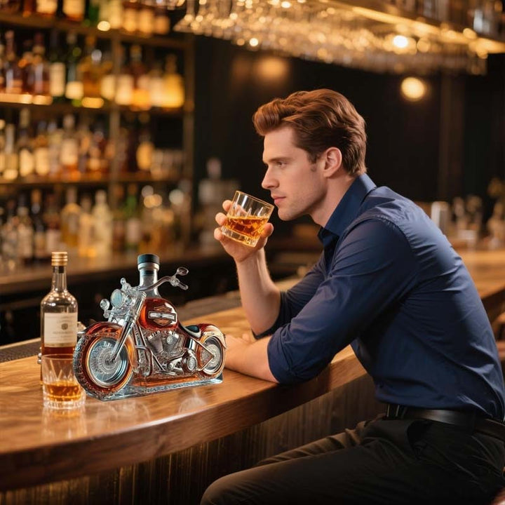 Motorcycle Glass Whiskey Decanter with Black Cap and Molded Engine Details Custom