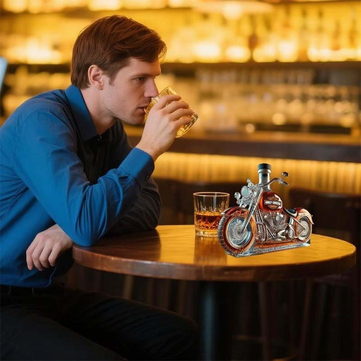 Motorcycle Glass Whiskey Decanter with Black Cap and Molded Engine Details Custom