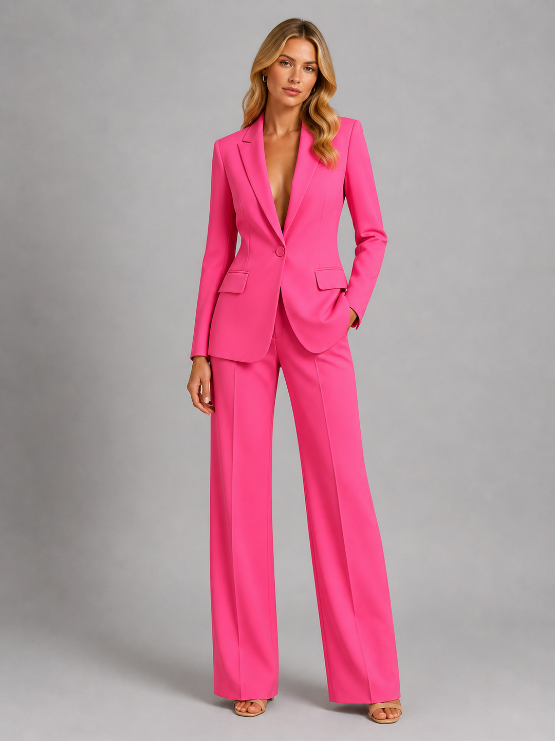 Women's Two-Piece Trouser Suit with Blazer and Wide-Leg Trousers