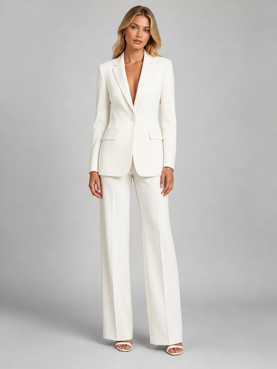 Women's Two-Piece Trouser Suit with Blazer and Wide-Leg Trousers.