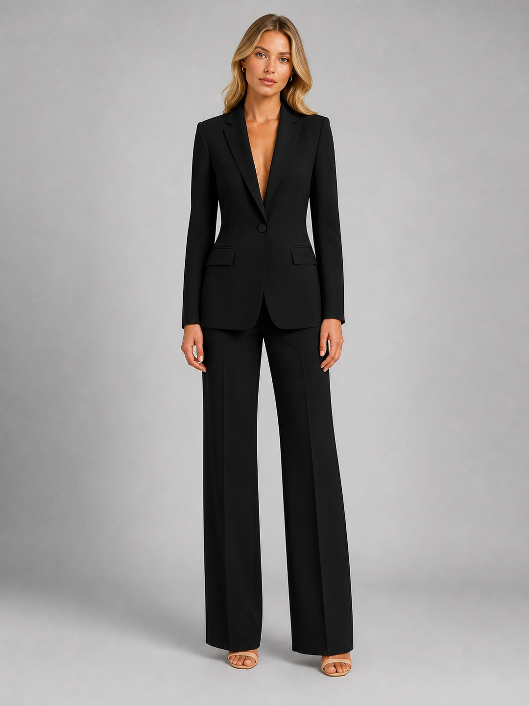Women's Two-Piece Trouser Suit with Blazer and Wide-Leg Trousers.