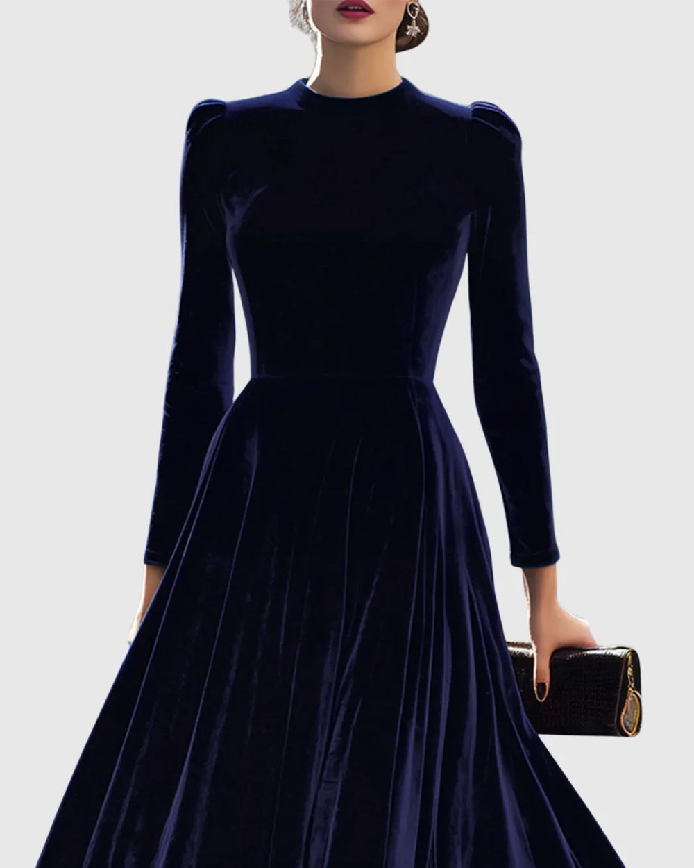 Navy Long-Sleeve Velvet Midi Dress