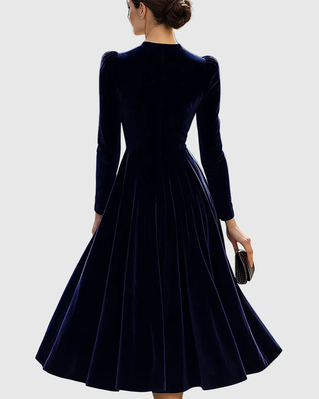 Navy Long-Sleeve Velvet Midi Dress