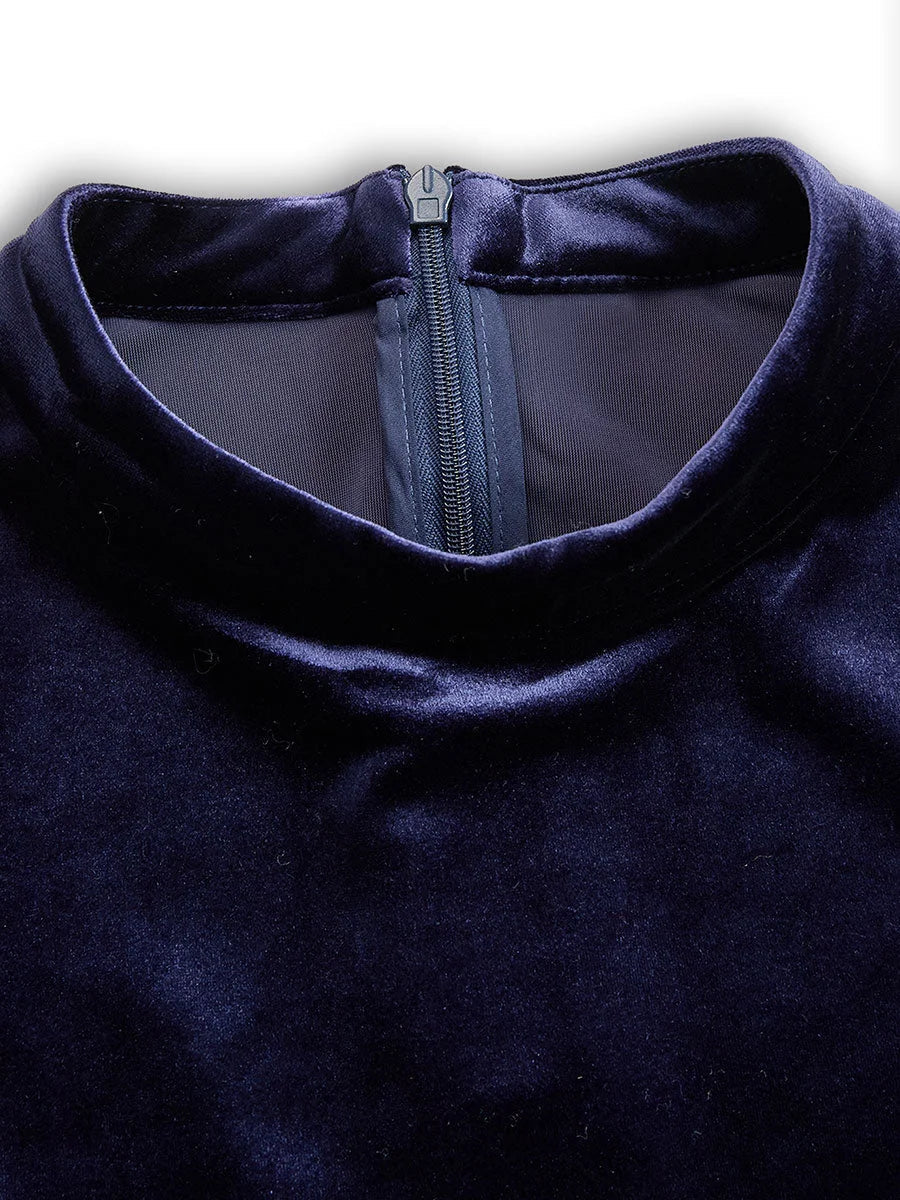Navy Long-Sleeve Velvet Midi Dress