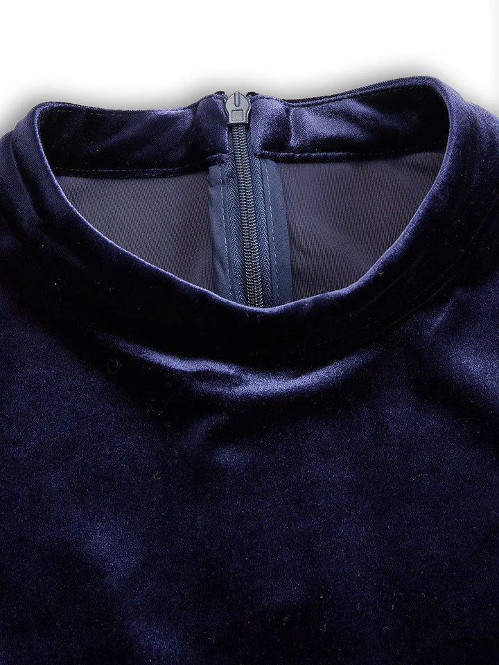 Navy Long-Sleeve Velvet Midi Dress