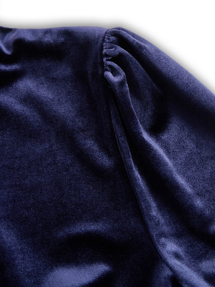 Navy Long-Sleeve Velvet Midi Dress