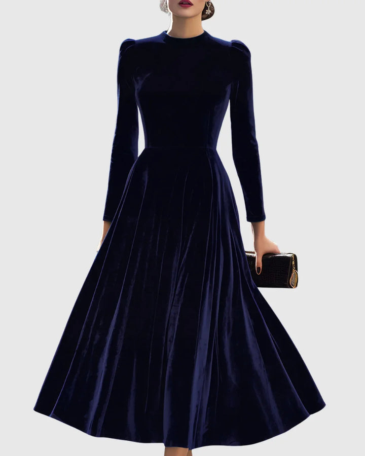 Navy Long-Sleeve Velvet Midi Dress