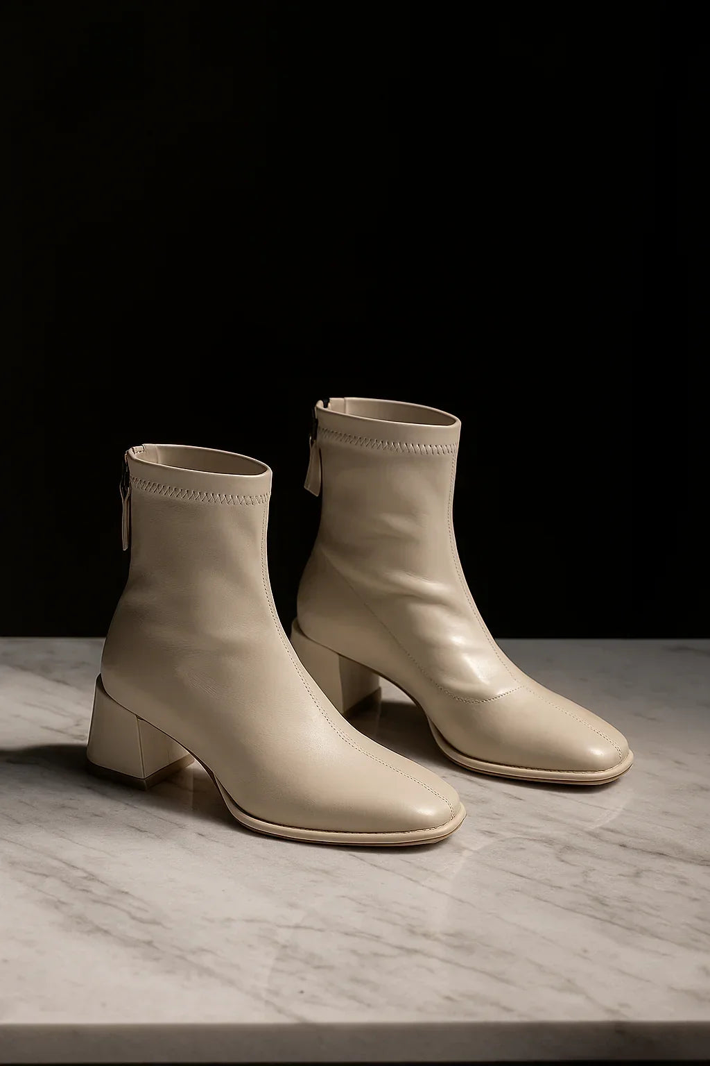 Women's Leather Ankle Boots with Block Heel and Square Toe