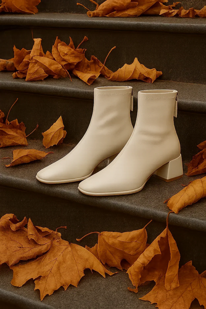 Women's Leather Ankle Boots with Block Heel and Square Toe