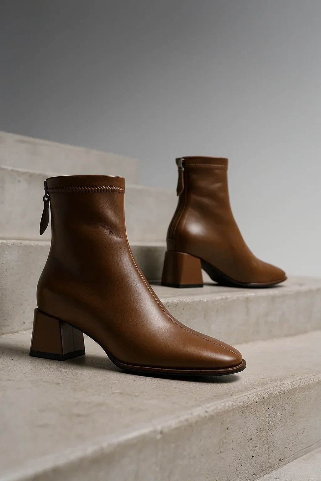 Women's Leather Ankle Boots with Block Heel and Square Toe