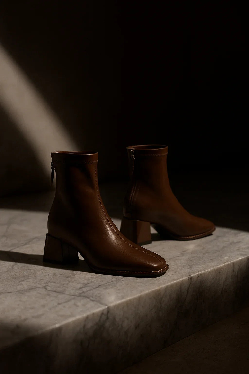 Women's Leather Ankle Boots with Block Heel and Square Toe