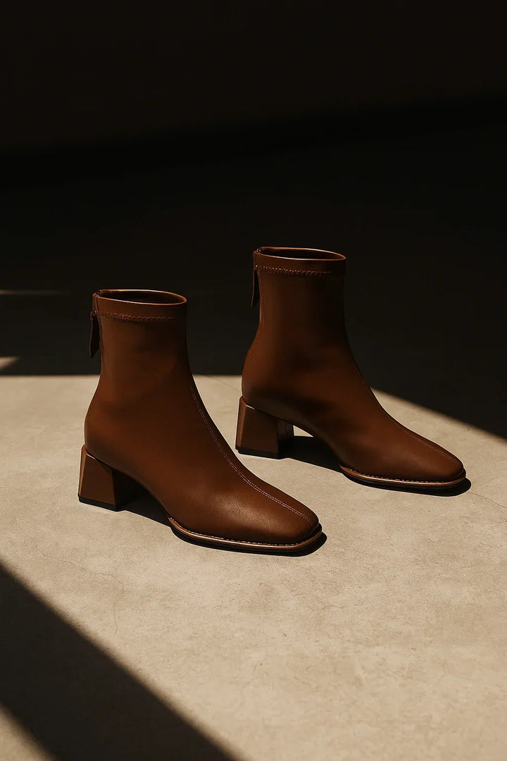 Women's Leather Ankle Boots with Block Heel and Square Toe