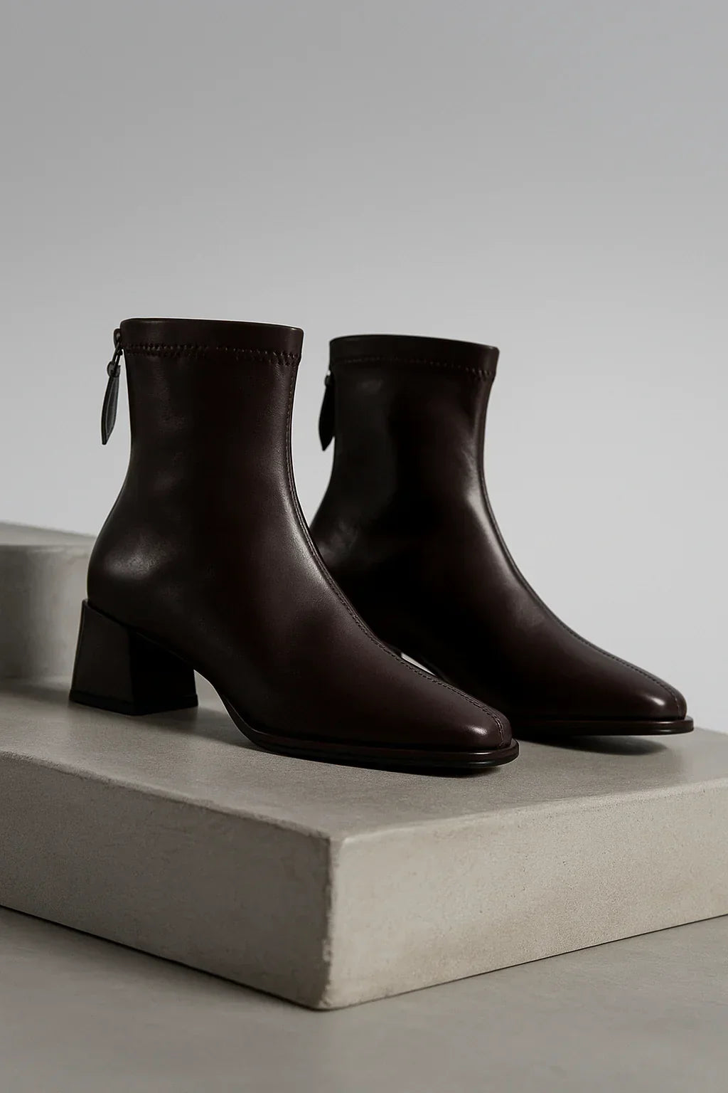 Women's Leather Ankle Boots with Block Heel and Square Toe