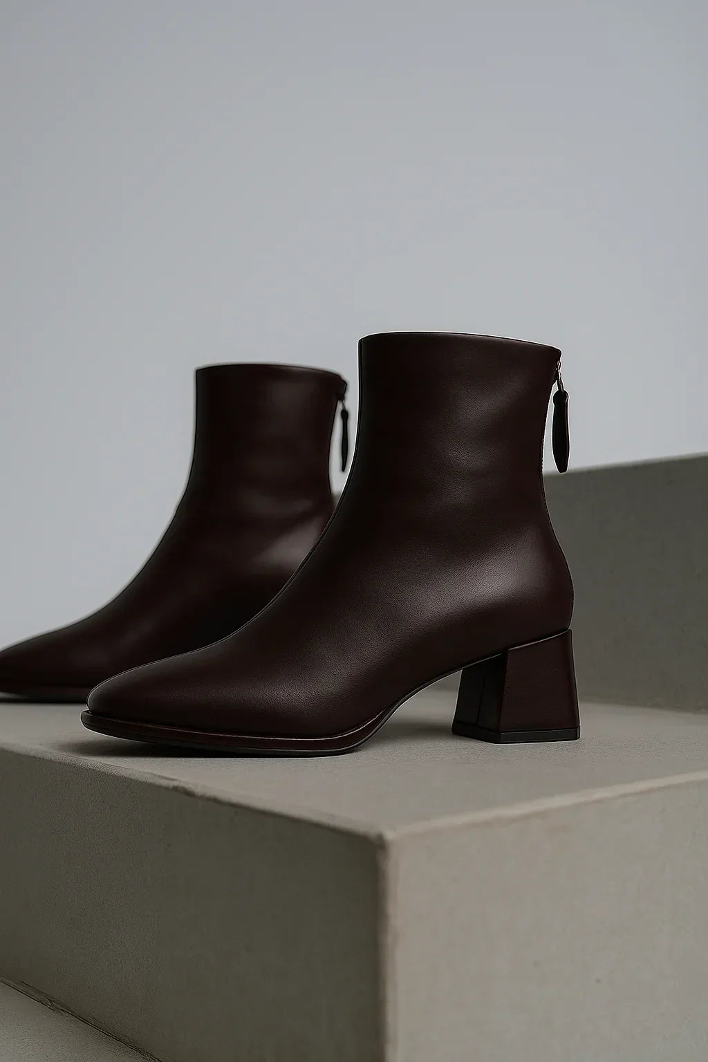 Women's Leather Ankle Boots with Block Heel and Square Toe