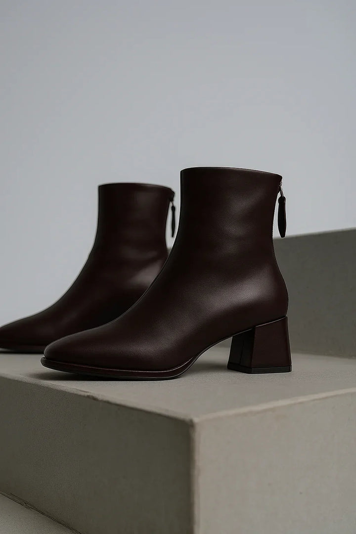 Women's Leather Ankle Boots with Block Heel and Square Toe