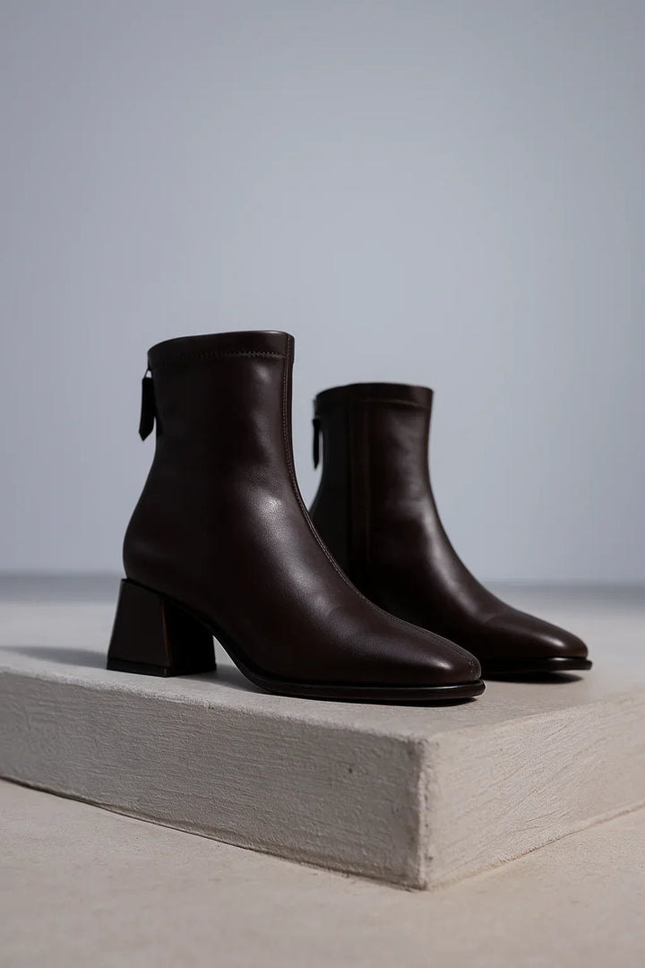 Women's Leather Ankle Boots with Block Heel and Square Toe
