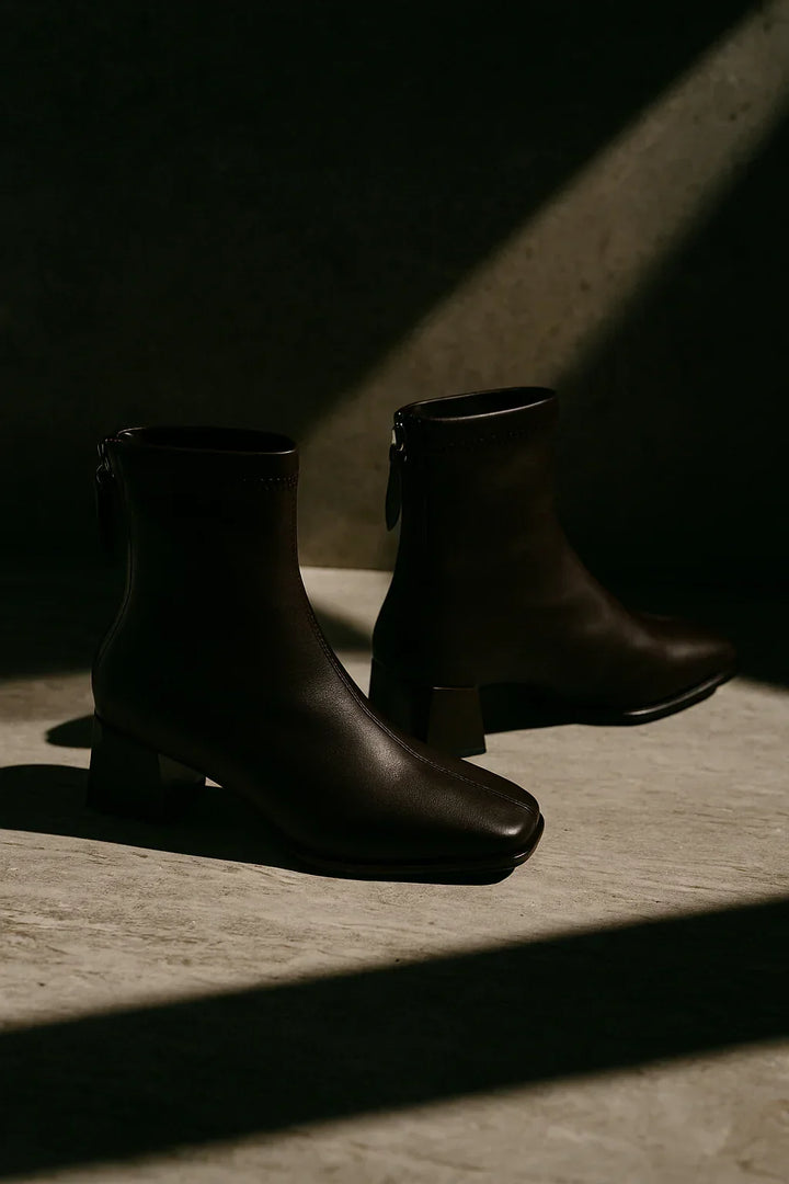 Women's Leather Ankle Boots with Block Heel and Square Toe