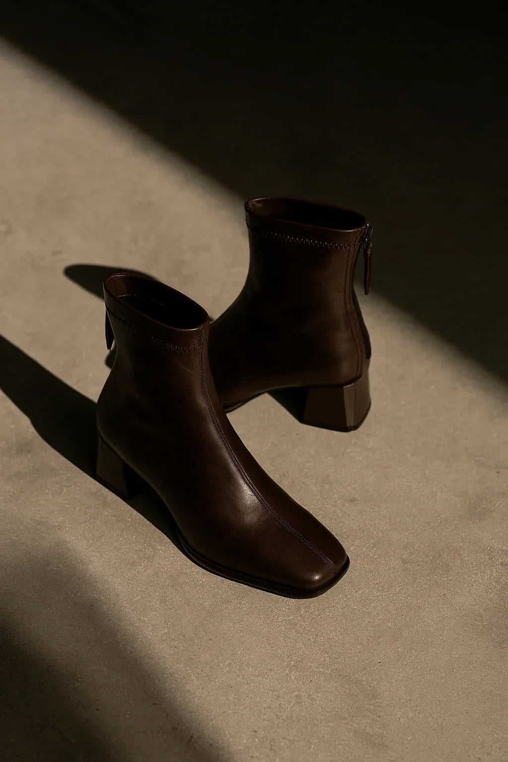 Women's Leather Ankle Boots with Block Heel and Square Toe