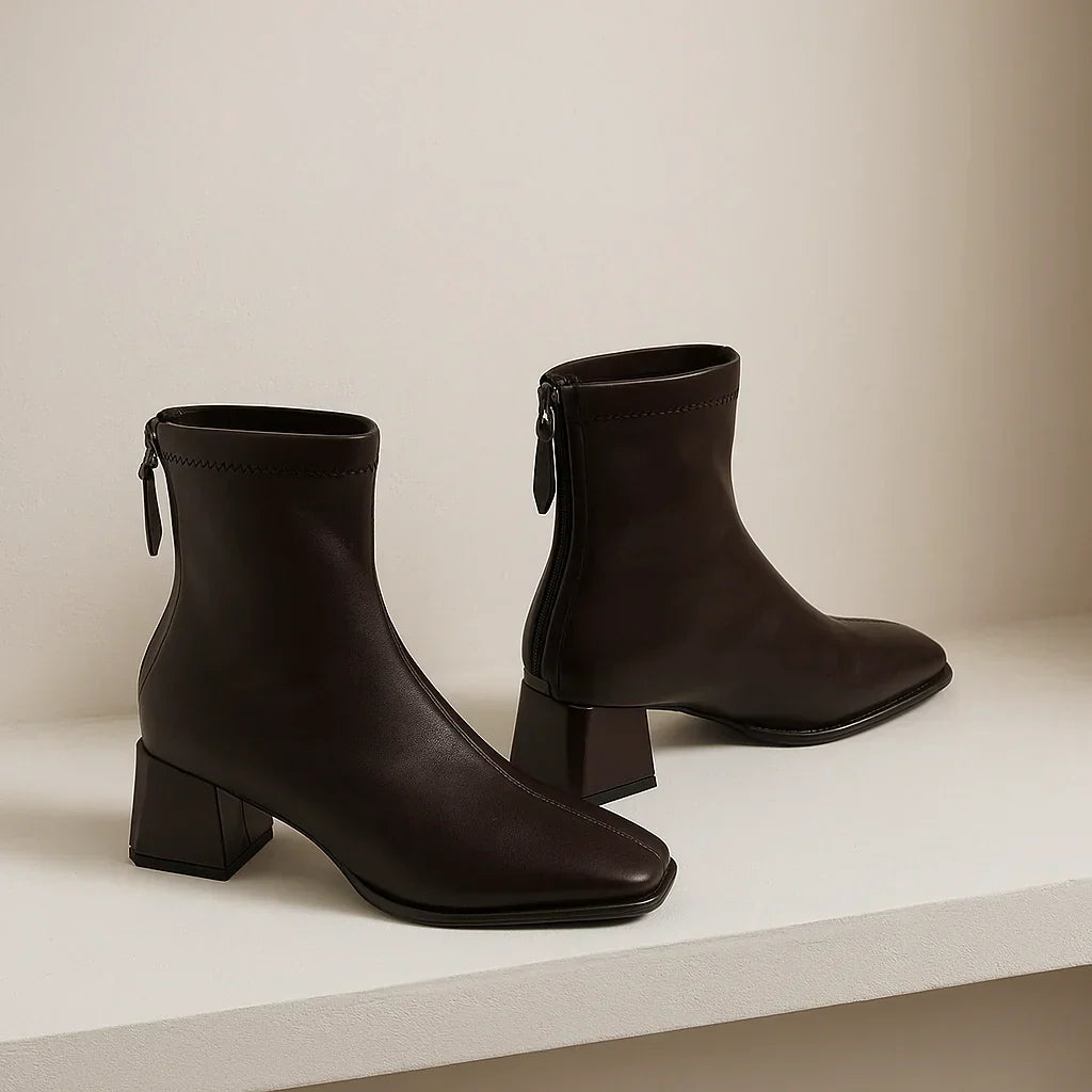 Women's Leather Ankle Boots with Block Heel and Square Toe