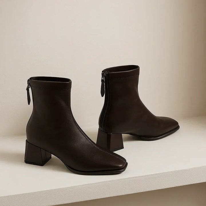 Women's Leather Ankle Boots with Block Heel and Square Toe