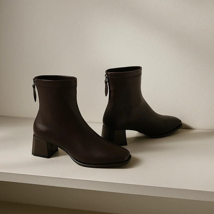 Women's Leather Ankle Boots with Block Heel and Square Toe