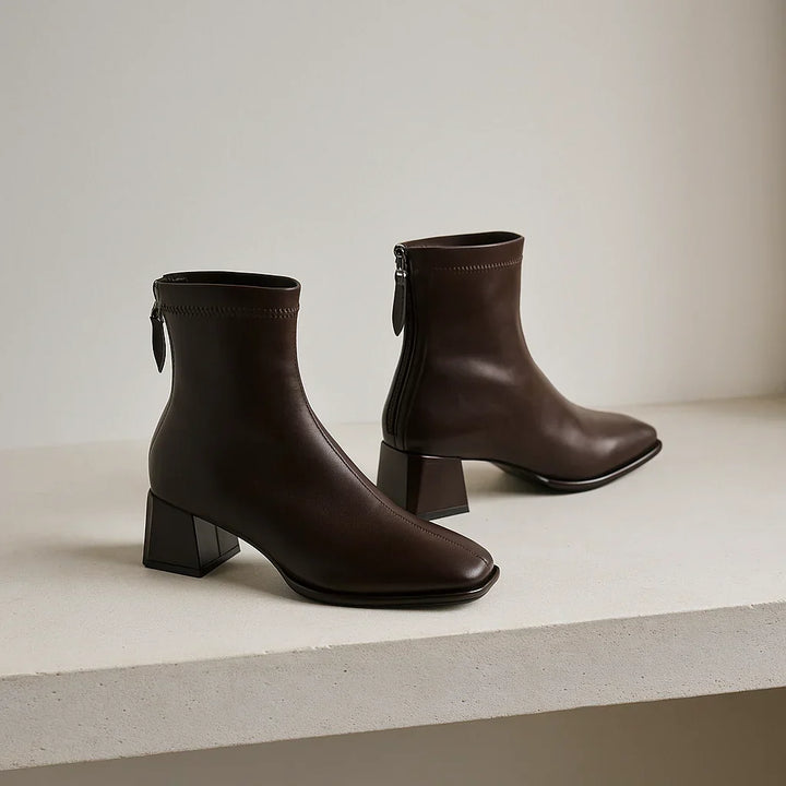 Women's Leather Ankle Boots with Block Heel and Square Toe