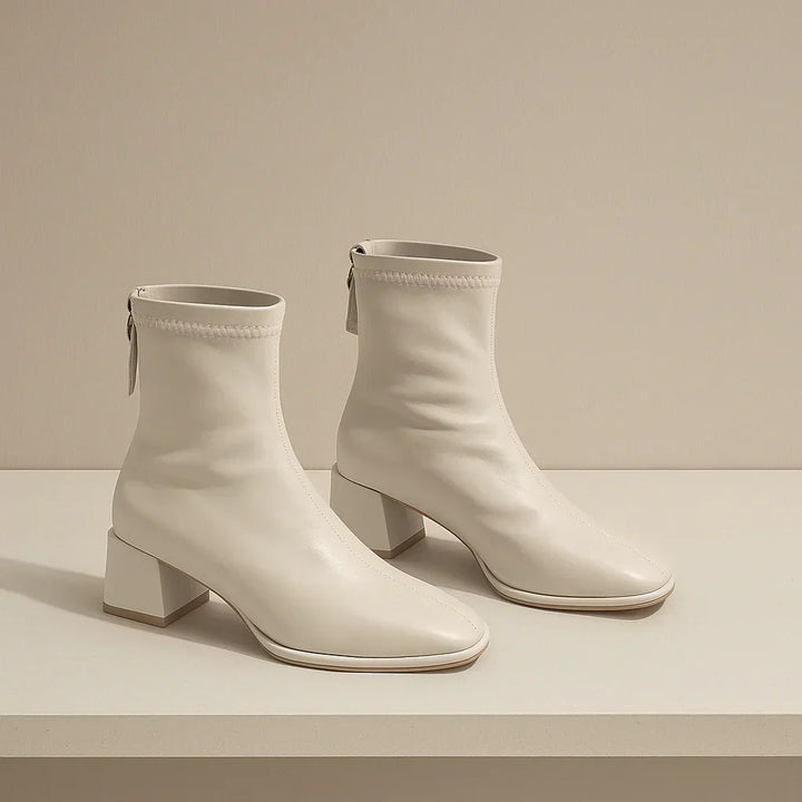 Women's Leather Ankle Boots with Block Heel and Square Toe