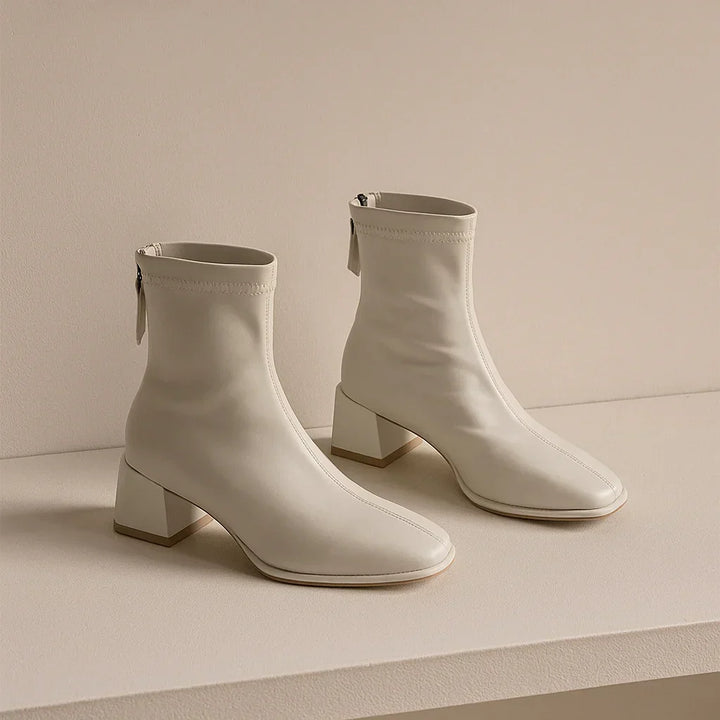 Women's Leather Ankle Boots with Block Heel and Square Toe