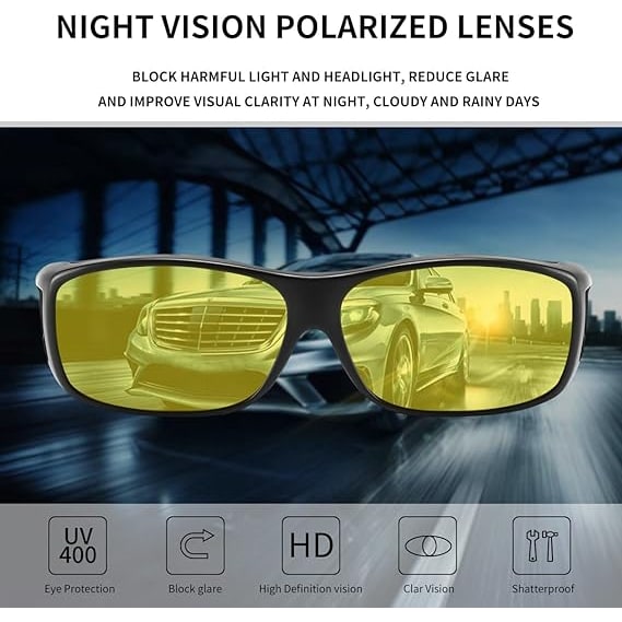 Night Driving Glasses with Yellow Polarized Wraparound Lenses and Storage Case, Worn Over Prescription Glasses