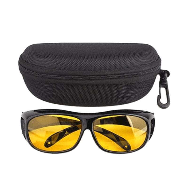 Night Driving Glasses with Yellow Polarized Wraparound Lenses and Storage Case, Worn Over Prescription Glasses