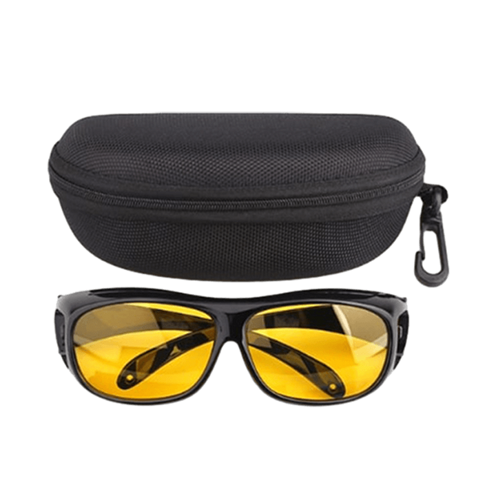 Night Driving Glasses with Yellow Polarized Wraparound Lenses and Storage Case, Worn Over Prescription Glasses